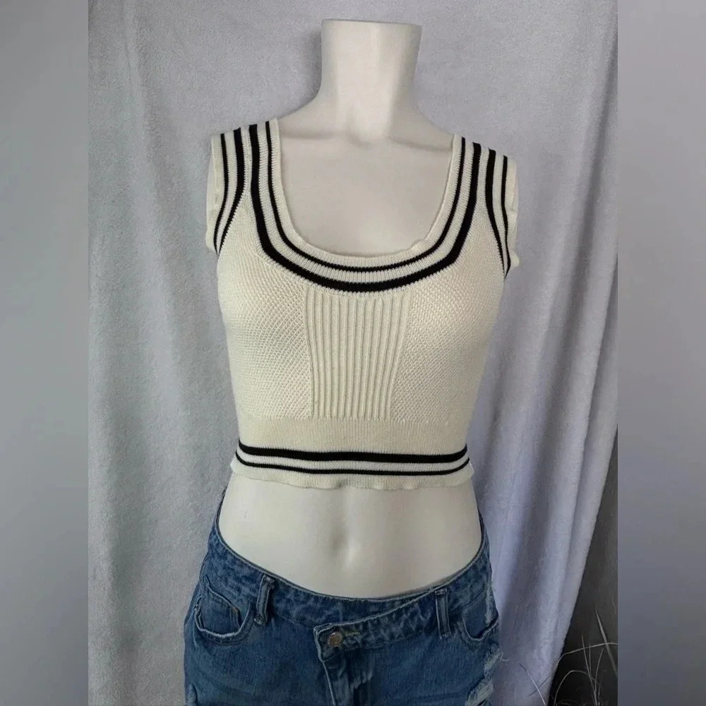 Shein Mod Cropped Knit Tank‎ Top Sleeveless Striped Trim Cream Black L